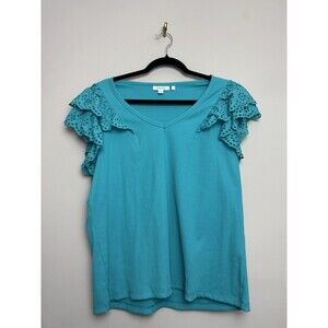 Chico's Womens Eyelet Tee Shirt Top Size 2 Large Blue Ribbed Cap Sleeve